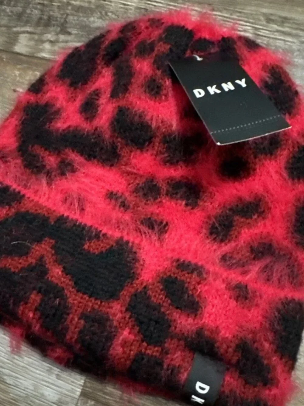 NWT DKNY Fuzzy Leopard Animal Print Beanie Red/Black MSRP $36